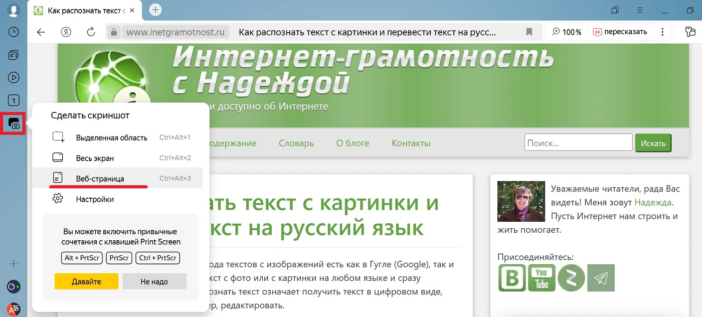 скриншот веб страницы Яндекс браузер